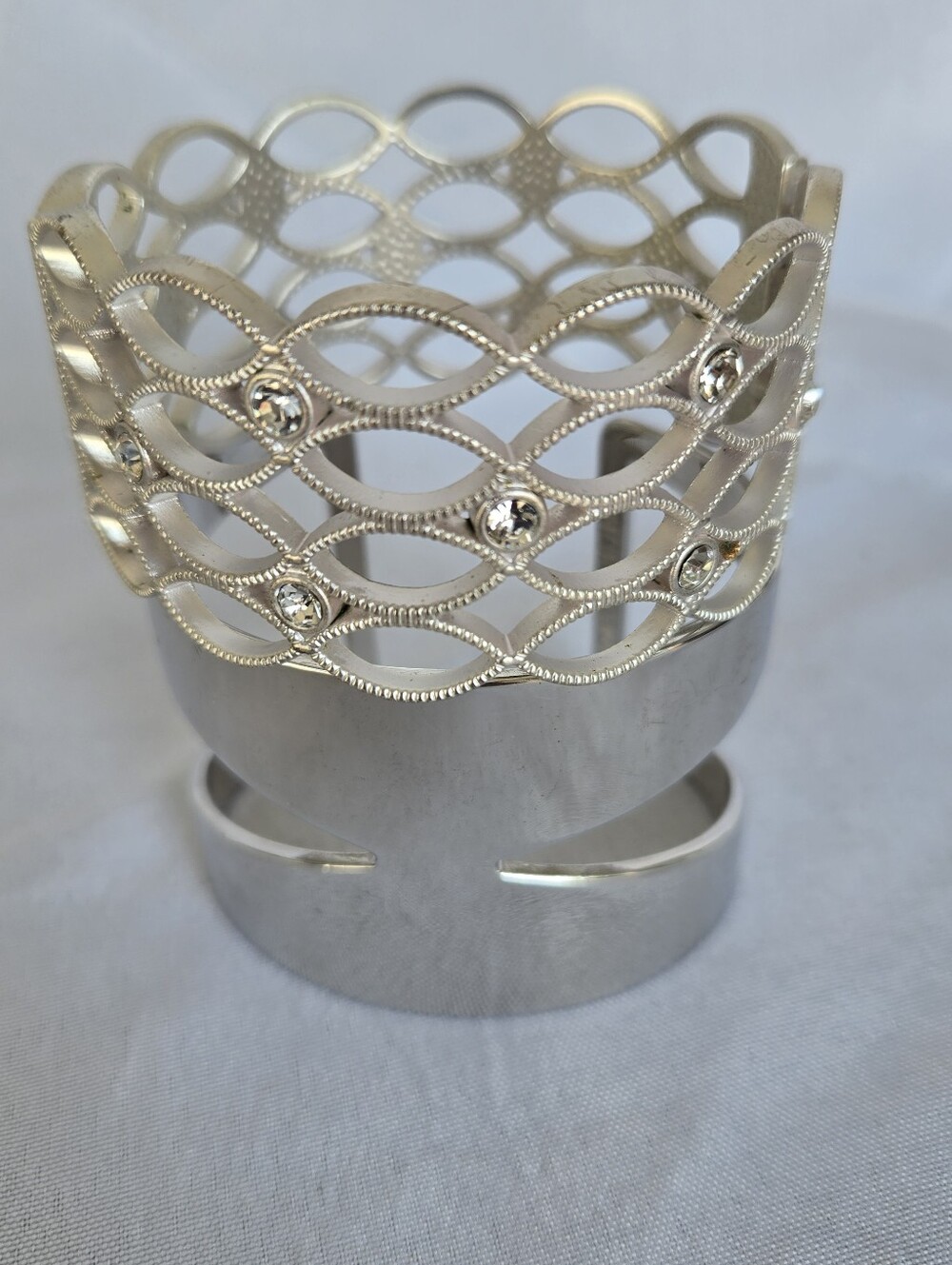 Set of 2 Silver Tone Statement Cuff Bracelets –Rhinestone Openwork & Modern Wide - Picture 11 of 13
